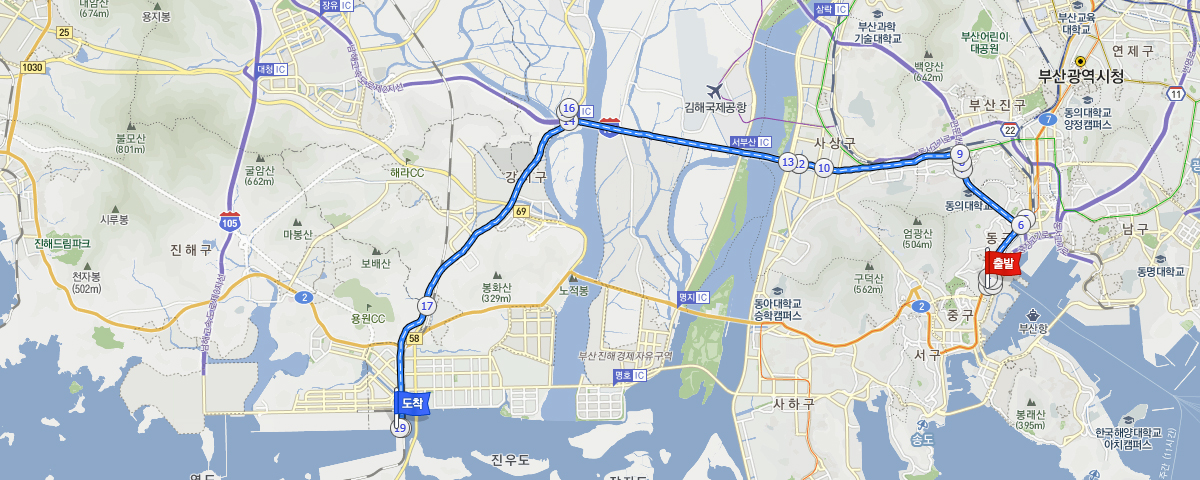 부산역→영주고가교→동대사거리→사상구청교차로→감전 IC→동서고가차조→남해제2고속도로지선→가락IC교차로→PNC